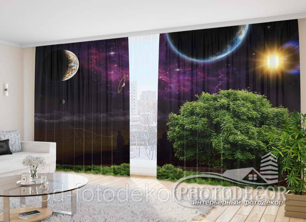 Фото Штори "Дерево в Космосі" 2,7м*2,9м (2 полотна по 1,45м), тасьма, фото 1