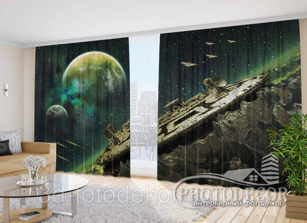 Фото Штори "Космічні кораблі і планети" 2,7м*2,9м (2 полотна по 1,45м), тасьма