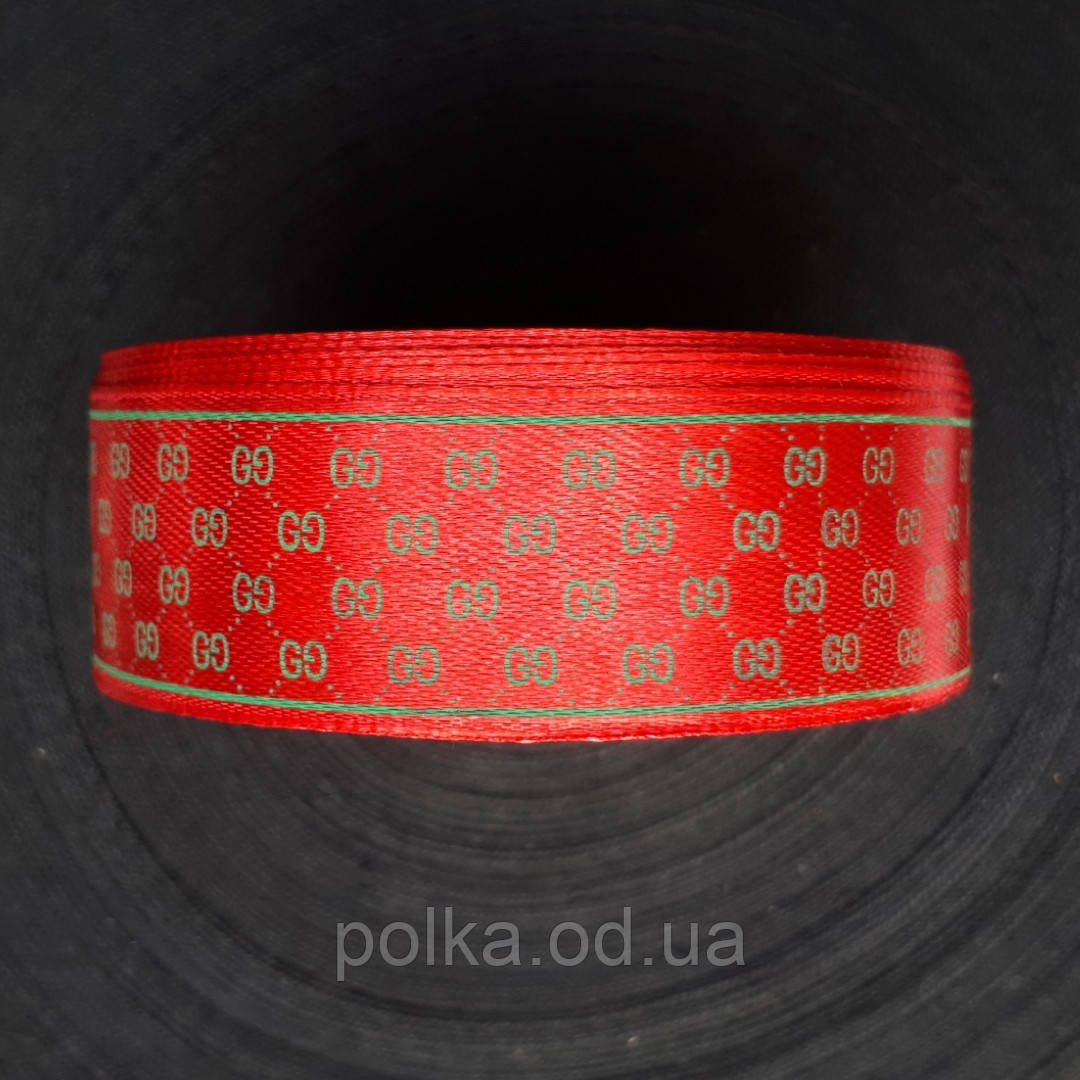 Атласна стрічка 2.5 см червона "Gucci", ширина 2.5 см (1рулон-25 м)