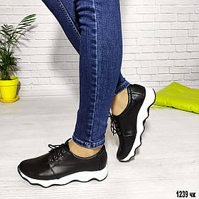 Жіночі чорні шкіряні спортивні туфлі демісезонні на платформі. Натуральна шкіра.  Розміри 36 — 41