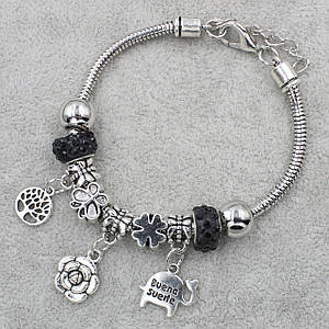Pandora браслет серебристого цвета цветочек с черными шармами 9 штук длина браслета 22 см ширина 3 мм