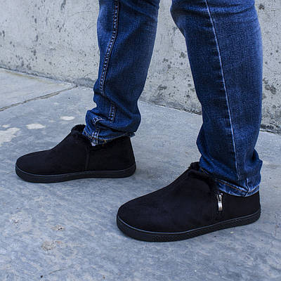 Теплі черевики чоловічі на штучному хутрі Замш Чорний