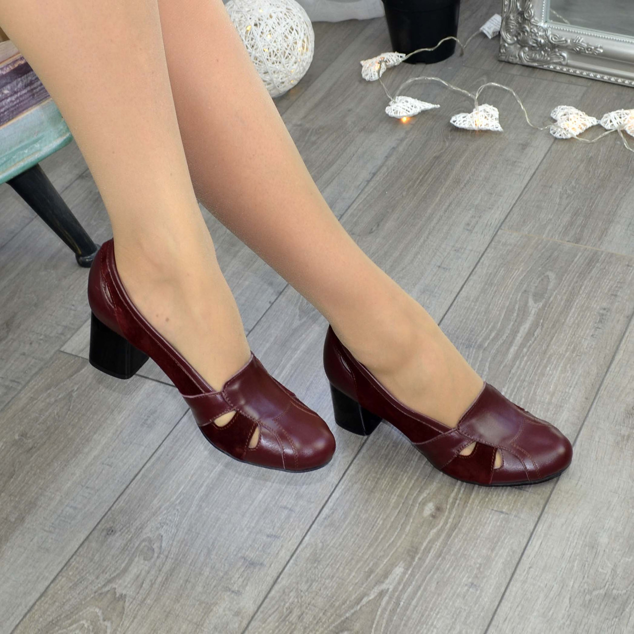 Туфли женские бордовые на устойчивом каблуке, натуральная кожа и замша - фото 2 - id-p1241380769