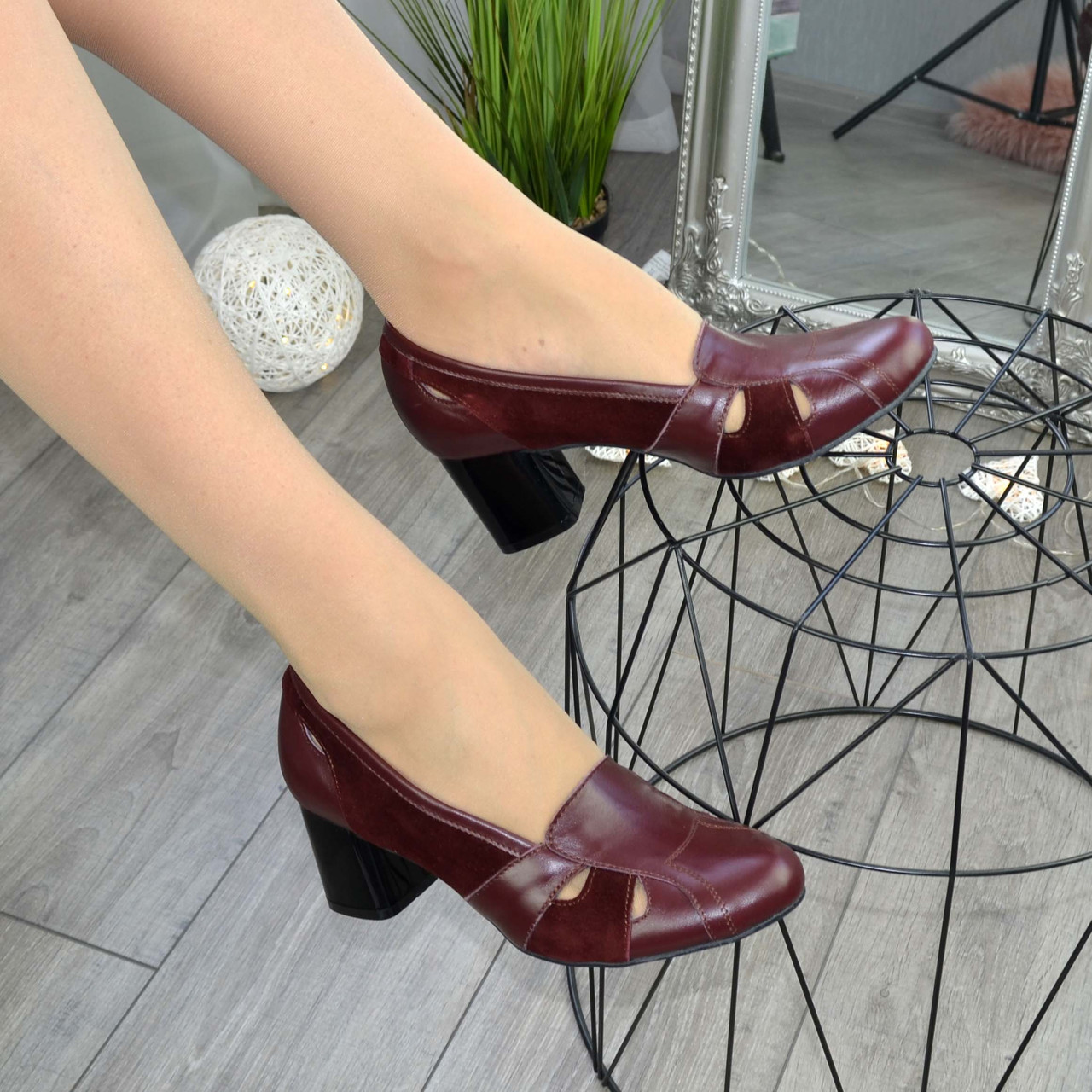 Туфли женские бордовые на устойчивом каблуке, натуральная кожа и замша - фото 1 - id-p1241380769