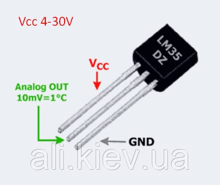 Датчик температури LM35 вимірювання температури в діапазоні від -55 до +150 °C Лінійність 10.0 mV/°C