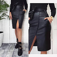 Женская стильная кожаная юбка-миди с карманами и разрезом 44,46,48,50 размер