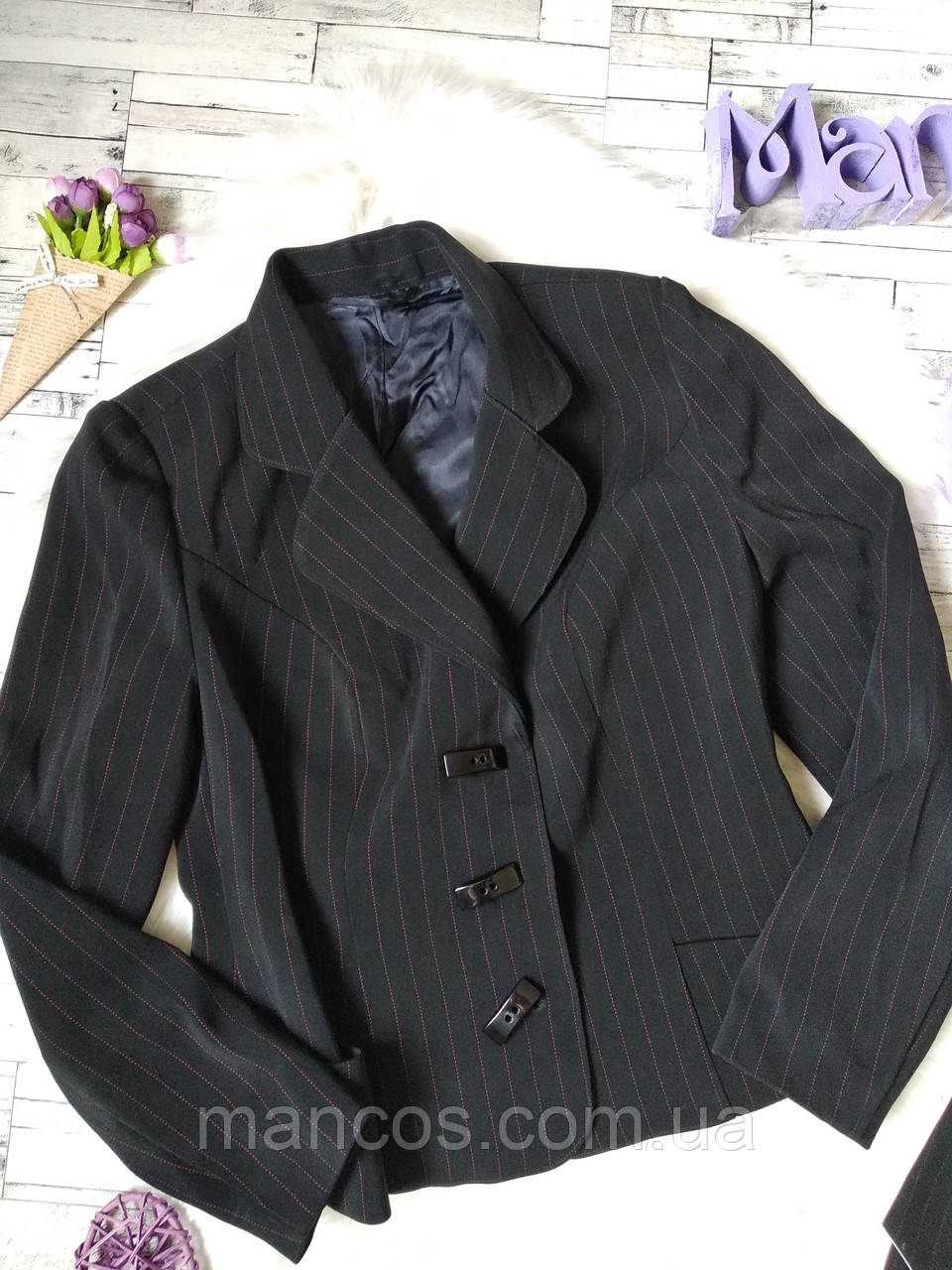 Піджак жіночий чорний в смужку з краваткою Розмір 44 (S) - фото 2 - id-p1241777970