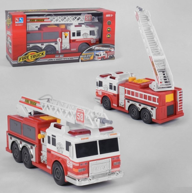 Пожежна машина на батарейках зі сходами сиреною мигалками водою 9009-1