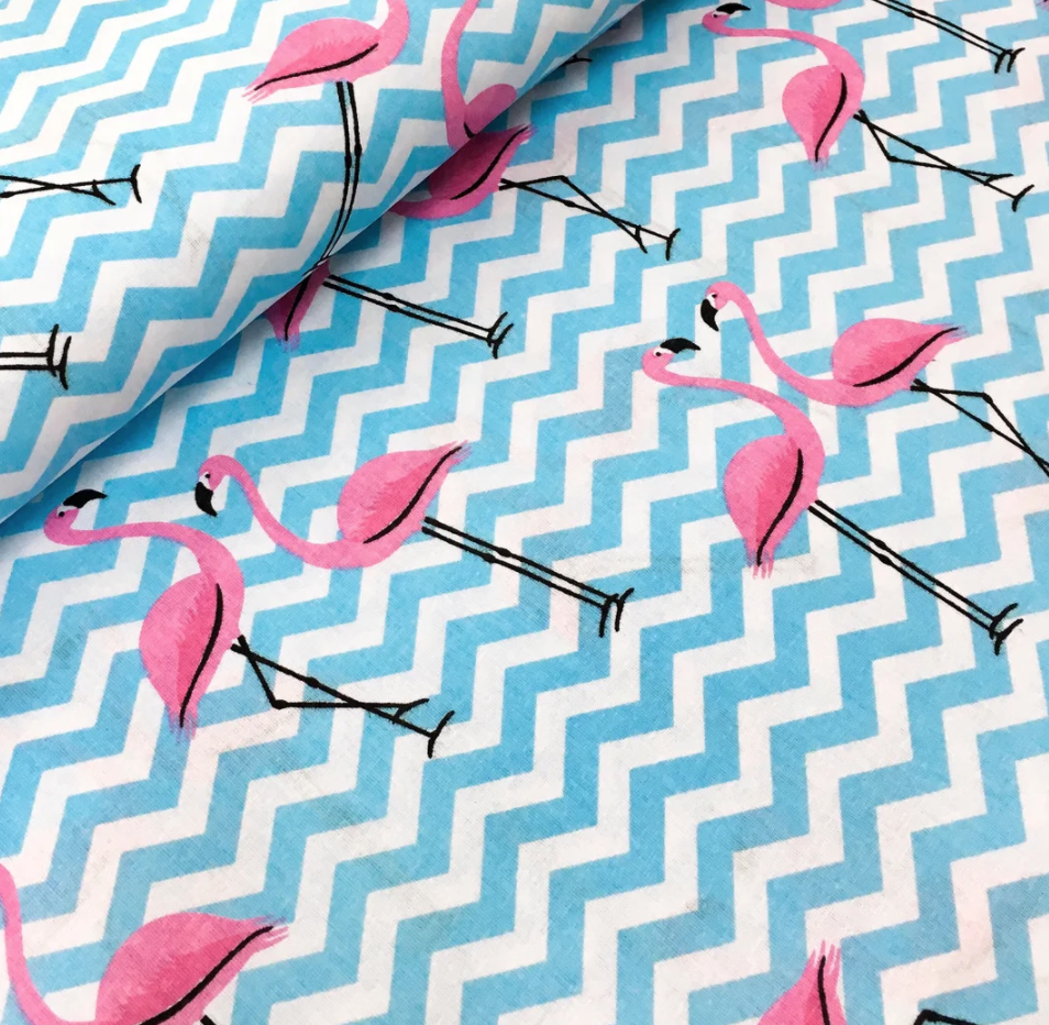 Польська бязь "рожеві фламінго з блакитним зигзагом на білому", фото 1