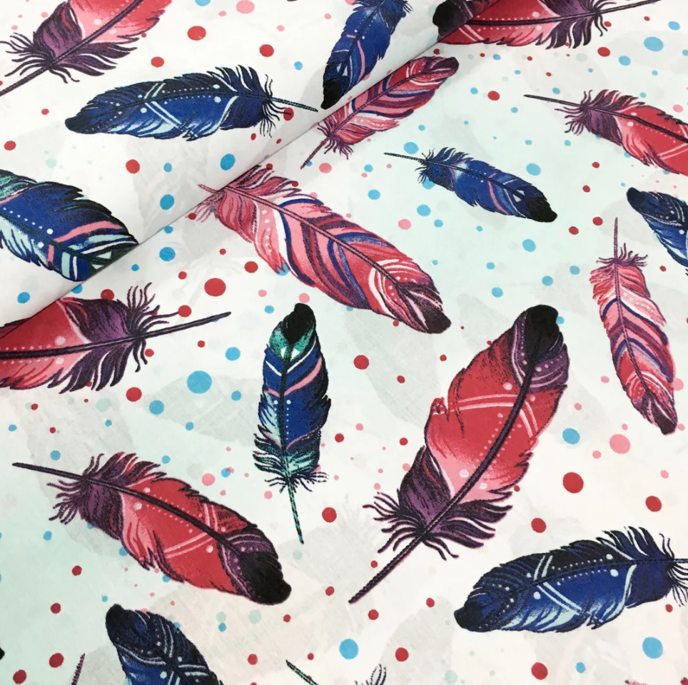 Польська бязь "пір'я великі фіолетово-сині з горохом на білому ", фото 1