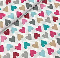 Польская хлопковая ткань "Сердца цветные малиново-мятно-бежевые"
