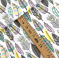 Польська бязь "пір'я великі жовті, сірі, м'ятні на білому", фото 2