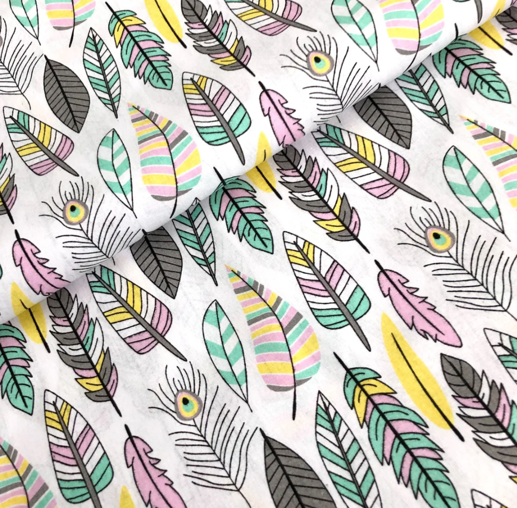 Польська бязь "пір'я великі жовті, сірі, м'ятні на білому", фото 1