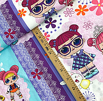 Бязь Gold бавовняна "ляльки Лол фіолетові з квітами" 220см, фото 5