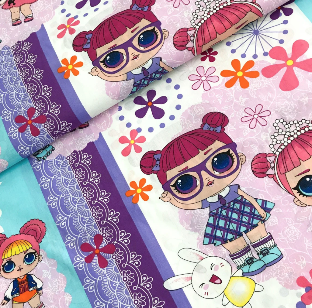 Бязь Gold бавовняна "ляльки Лол фіолетові з квітами" 220см, фото 1