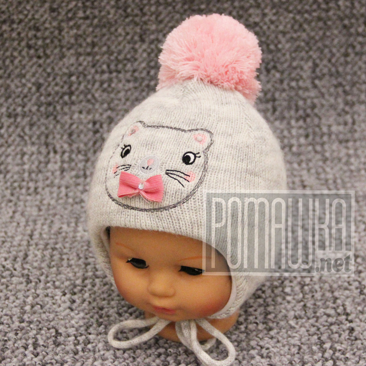 Зимова утеплена термо р 42-46 6-12 міс в'язана шапочка з вушками для малюків хлопчика зима 7074 Коричневий 44