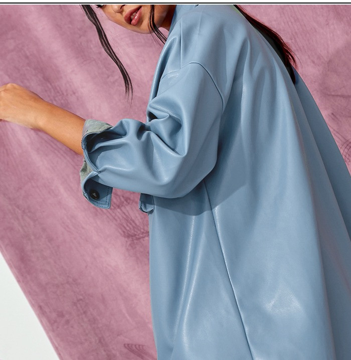 Рубашка женская из искусственной кожи с поясом в стиле Zara. Куртка рубашка кожаная для женщин (голубая) M - фото 3 - id-p1242304660