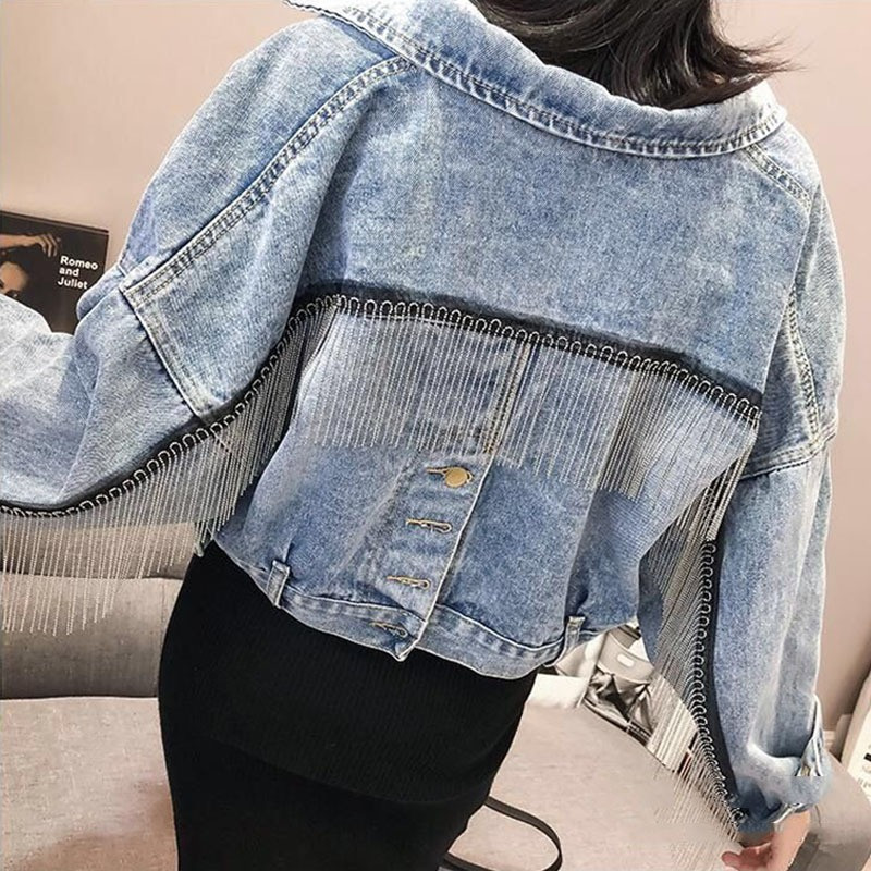 Куртка женская джинсовая укороченная с бахромой. Коттоновый пиджак оверсайз (голубой) - фото 1 - id-p1242350817