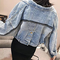 Куртка жіноча джинсова укорочена з бахромою. Коттоновый піджак оверсайз (блакитний) L