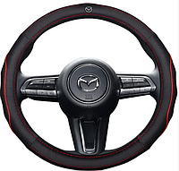 Чехол оплетка на руль кожаная для автомобиля с логотипом Mazda натуральная кожа Черный с красной прошивкой
