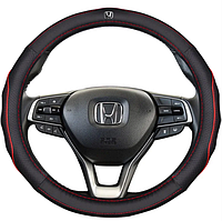 Чехол оплетка на руль кожаная для автомобиля с логотипом Honda натуральная кожа Черный с красной прошивкой