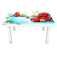 Виниловая наклейка на стол Земляника (интерьерная ПВХ пленка для мебели) красные ягоды Голубой 600*1200 мм