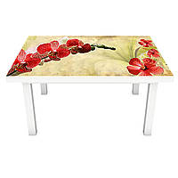 Виниловая наклейка на стол Ветки Красных Орхидей (интерьерная ПВХ пленка для мебели) цветы Бежевый 600*1200 мм