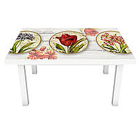 Вінілова наклейка на стіл Квіткові Тарілки (інтер'єрна ПВХ плівка для меблів) дошки квіти сфери Бежевий