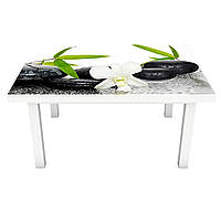 Виниловая наклейка на стол Белые Орхидеи и Камни (интерьерная ПВХ пленка для мебели) Цветы Зеленый 600*1200 мм