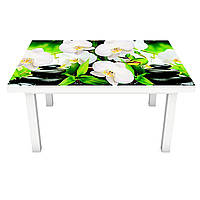Вінілова наклейка на стіл Білі орхідеї (інтер'єрна ПВХ плівка для меблів) свічки чорні камені Зелений