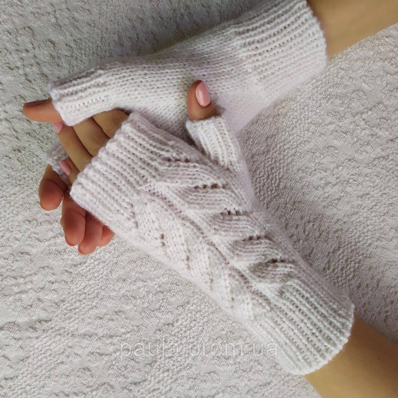 Белые с Люрексом Вязаные Митенки, Мягкая Полушерсть, Без Пальчиков ...