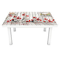 Вінілова наклейка на стіл Ілюзія (інтер'єрна ПВХ плівка для меблів) 3д дошки червоні квіти Прованс Сірий