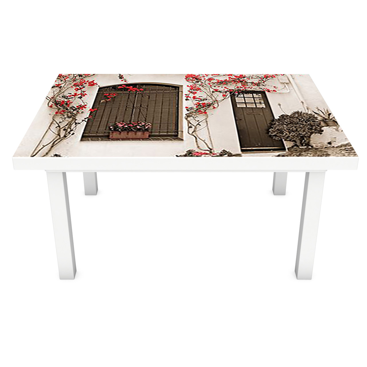 Вінілова наклейка на стіл Червоні Квіти на білих стінах (інтер'єрна ПВХ плівка для меблів) Архітектура Бежевий, фото 1