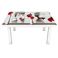 Вінілова наклейка на стіл Дівчина (інтер'єрна ПВХ плівка для меблів) Червоні квіти у вазі Сірий 600*1200мм