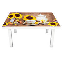 Виниловая наклейка на стол Подсолнухи и Макаруны (интерьерная ПВХ пленка для мебели) мешковина Цветы Желтый