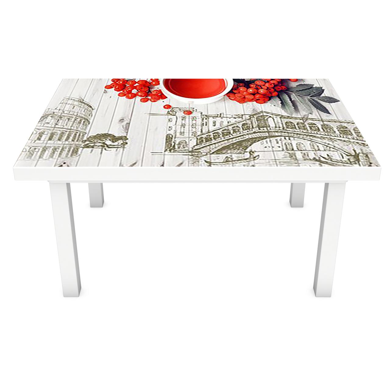 Вінілова наклейка на стіл Яскравий Акцент (інтер'єрна ПВХ плівка для меблів) білі дошки червоні ягоди Бежевий