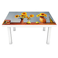 Виниловая наклейка на стол Подсолнухи в кувшинах (интерьерная ПВХ пленка для мебели) Цветы Голубой 600*1200 мм