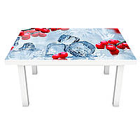 Виниловая наклейка на стол Зимняя Калина (интерьерная ПВХ пленка для мебели) лед красные ягоды Голубой