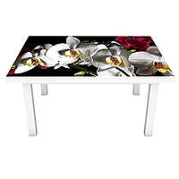 Вінілова наклейка на стіл Соковиті Орхідеї (інтер'єрна ПВХ плівка для меблів) квіти білі червоні на Чорному