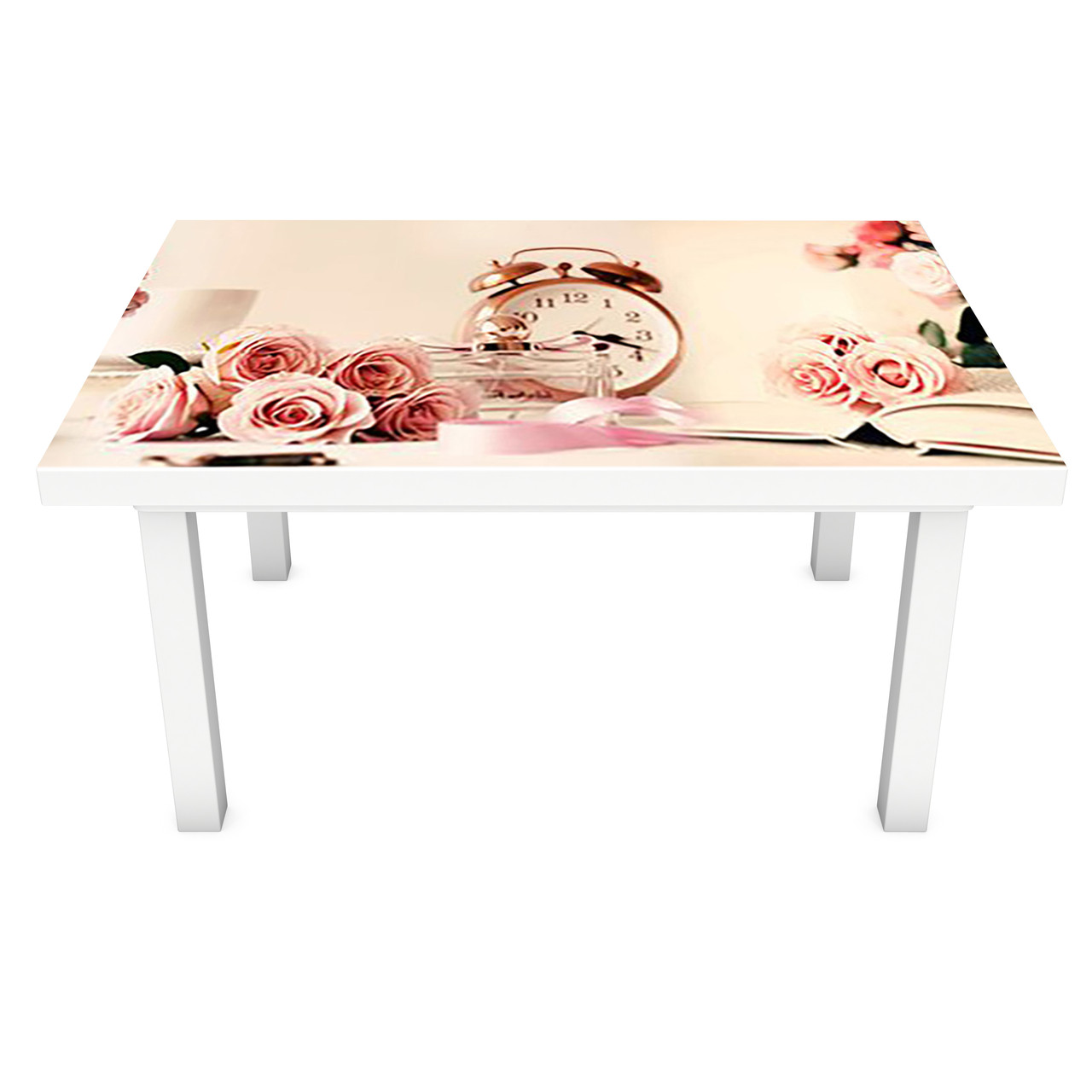 Вінілова наклейка на стіл Рожевий ранок (інтер'єрна ПВХ плівка для меблів) троянди будильник книги Абстракція, фото 1