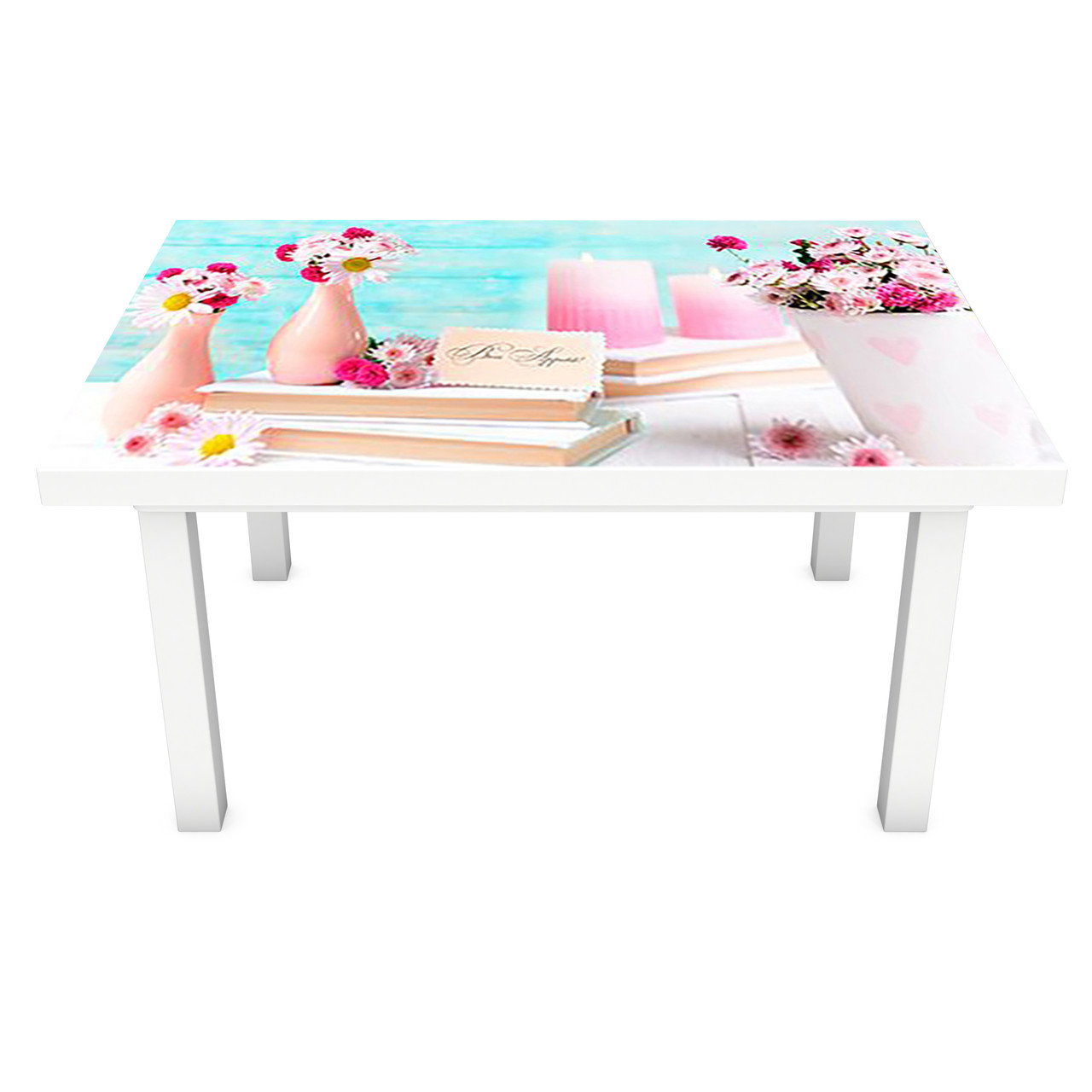 Вінілова наклейка на стіл Рожеве настрій (інтер'єрна ПВХ плівка для меблів) годинник книги квіти Блакитний, фото 1