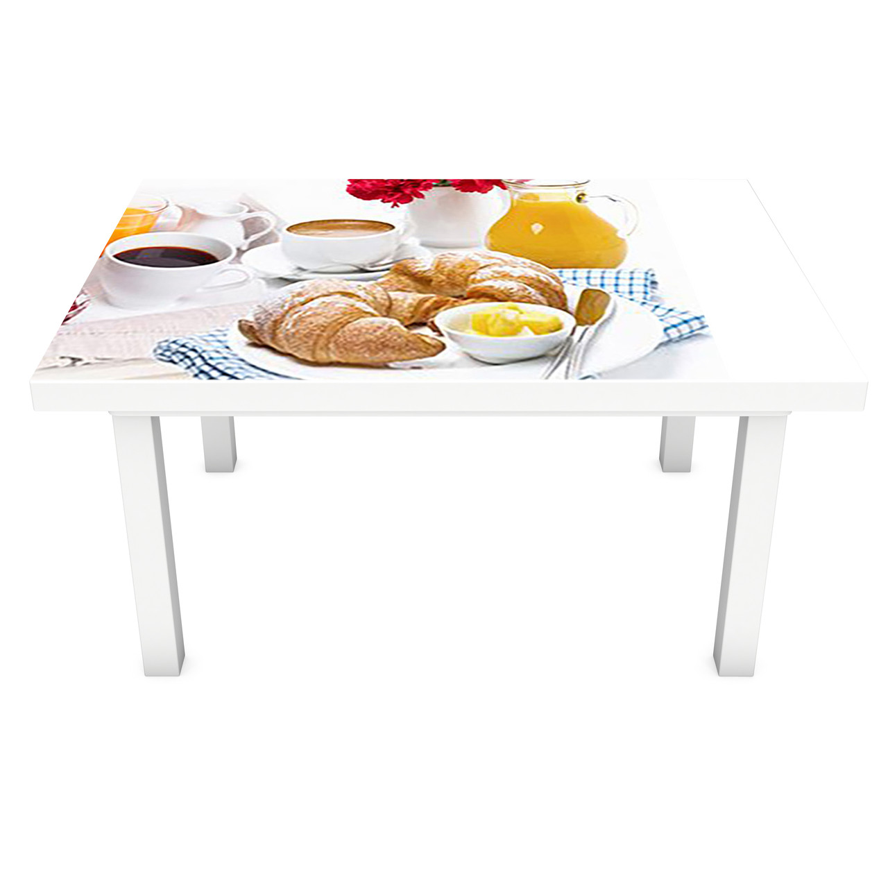 Вінілова наклейка на стіл Круасани (інтер'єрна ПВХ плівка для меблів) випічка червоні гербери сніданок Білий