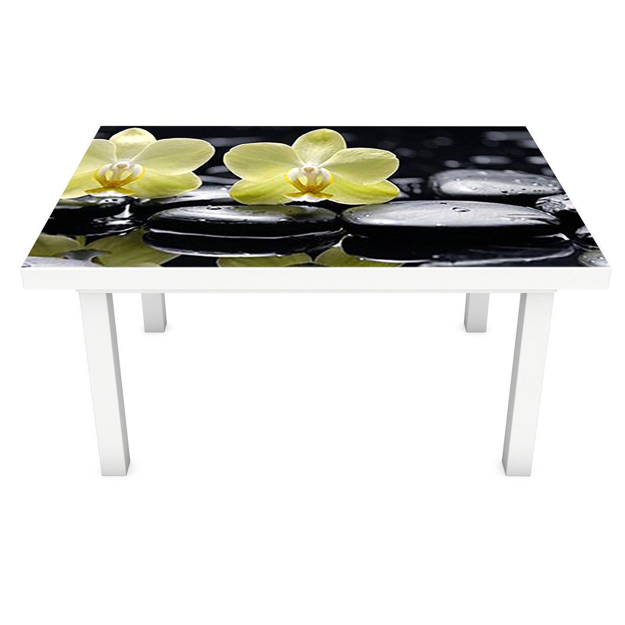 Вінілова наклейка на стіл Лимонні Орхідеї (інтер'єрна ПВХ плівка для меблів) жовті Квіти камені Чорні