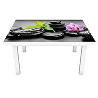 Вінілова наклейка на стіл Чорні камені (інтер'єрна ПВХ плівка для меблів) Орхідеї квіти булижники Сірий