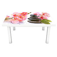Вінілова наклейка на стіл Мокрі Орхідеї (інтер'єрна ПВХ плівка для меблів) рожеві квіти чорні камені Білий