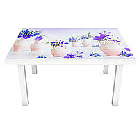 Виниловая наклейка на стол Клематис и Кувшины (интерьерная ПВХ пленка для мебели) фиолетовые цветы 600*1200 мм