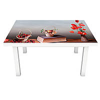 Виниловая наклейка на стол самоклеющийся Маки и Вишни ПВХ пленка для мебели Натюрморт цветы Серый 600*1200 мм
