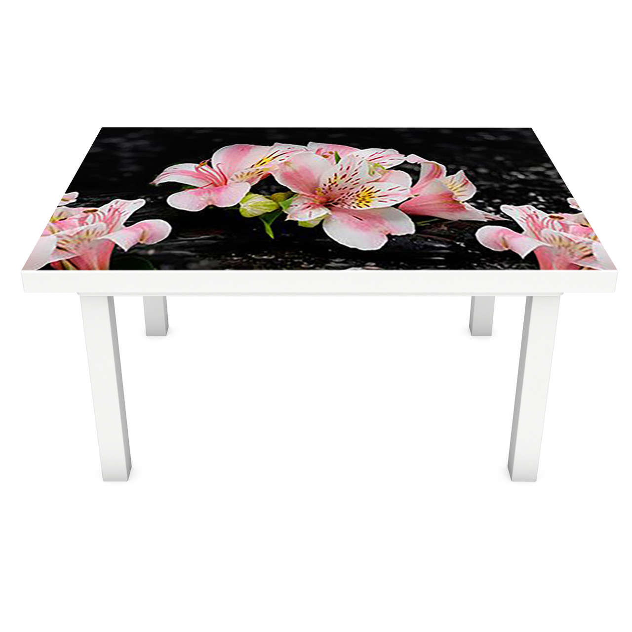 Вінілова наклейка на стіл Рожеві Альстромерії ПВХ плівка для меблів квіти на чорному тлі 600*1200 мм