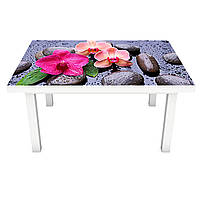 Виниловая наклейка на стол Яркие Орхидеи декор мебели самоклейка цветы камни капли роса Серый 600*1200 мм