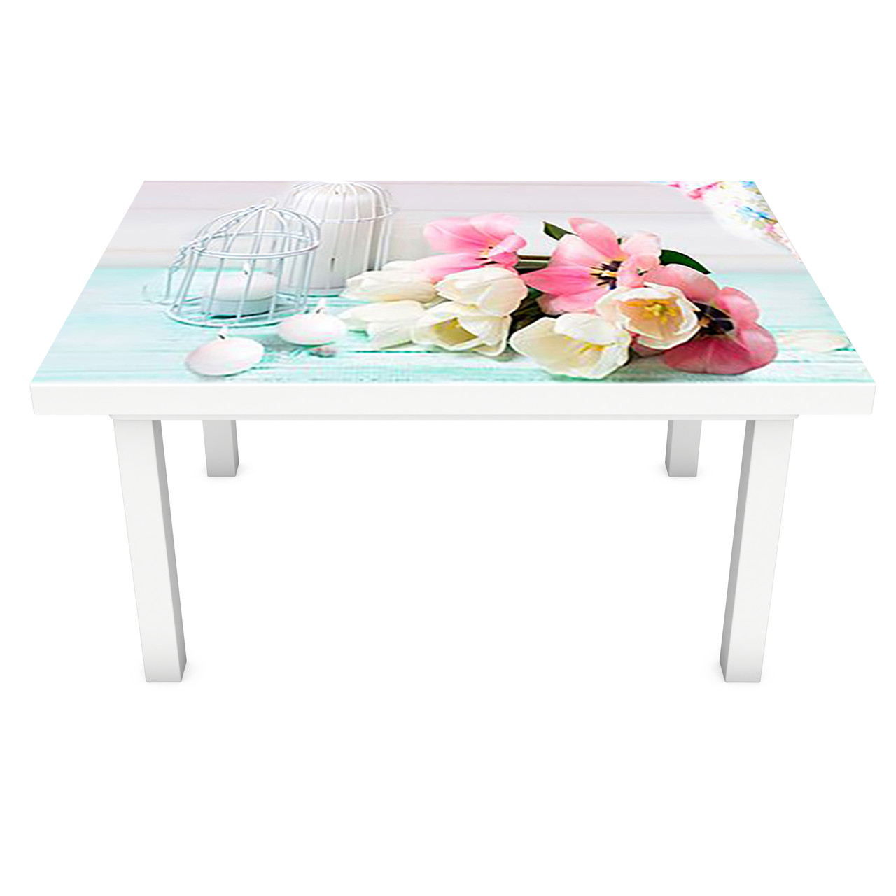 Вінілова наклейка на стіл Рожеві квіти декор меблів самоклейка тюльпани троянди гіоцинти Блакитний 600*1200 мм